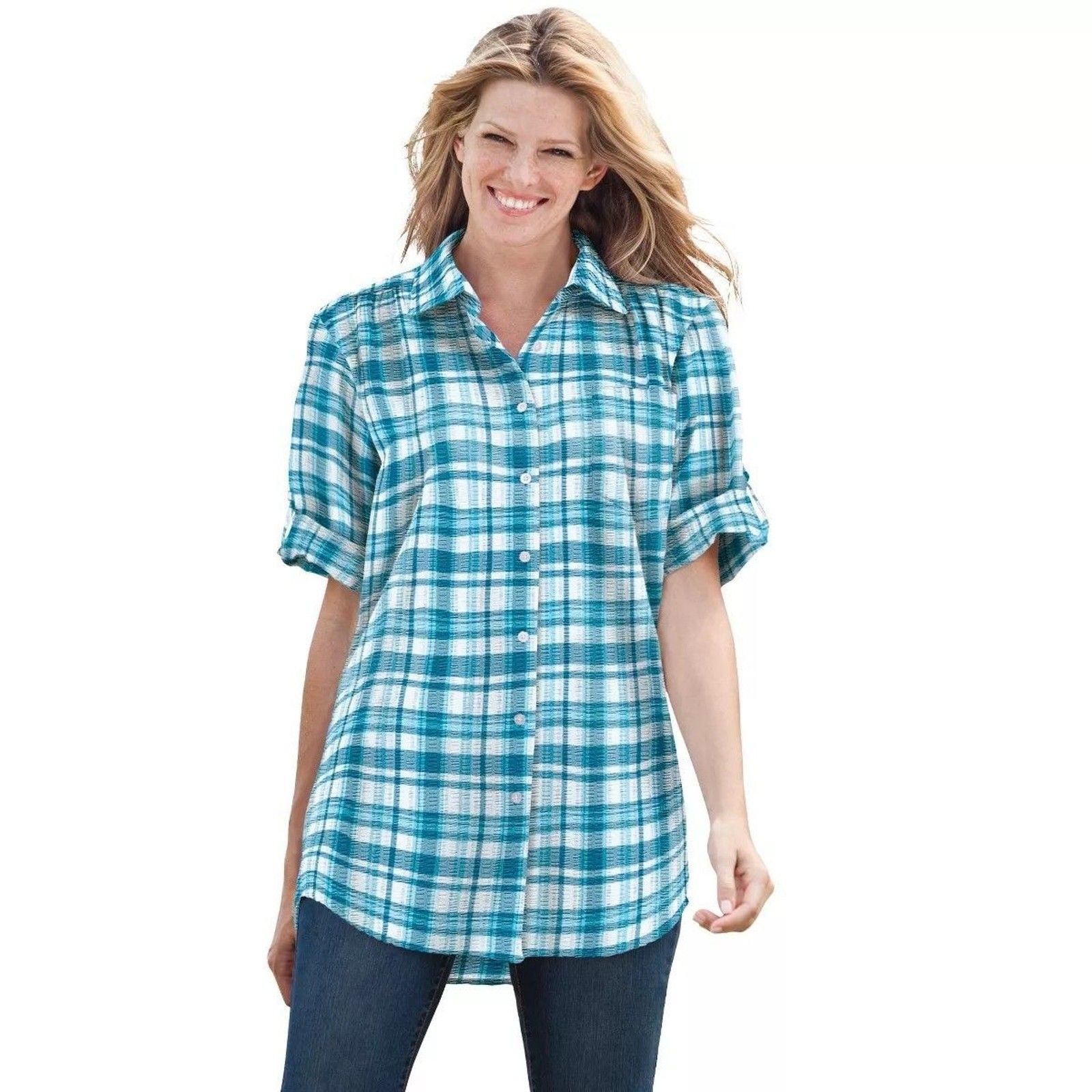 Woman Within Plus Size 1xl 22-24 Short-Sleeve Button Down Seersucker Shirt